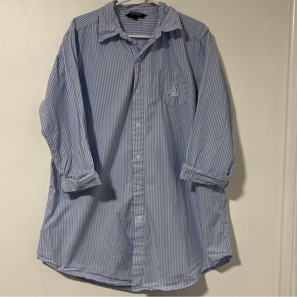 Ralph Lauren Women's Blue Striped Button Up Oversize Shirt/Dress Quarter Sleeve